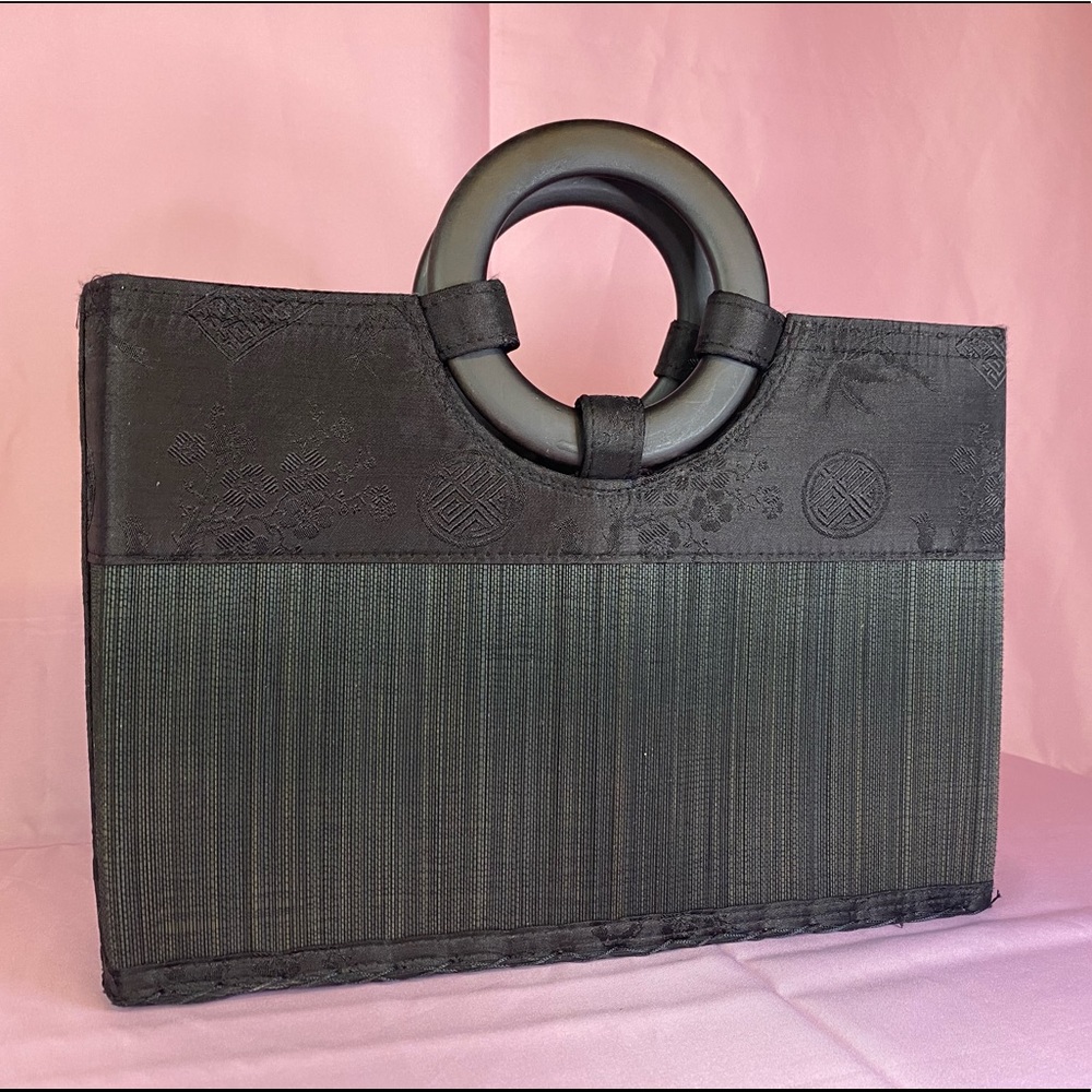Black wooden handle box purse